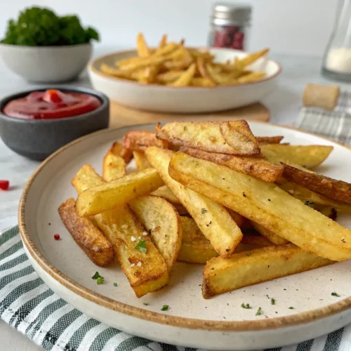 Air fry French fries being cooked in an air fryer.