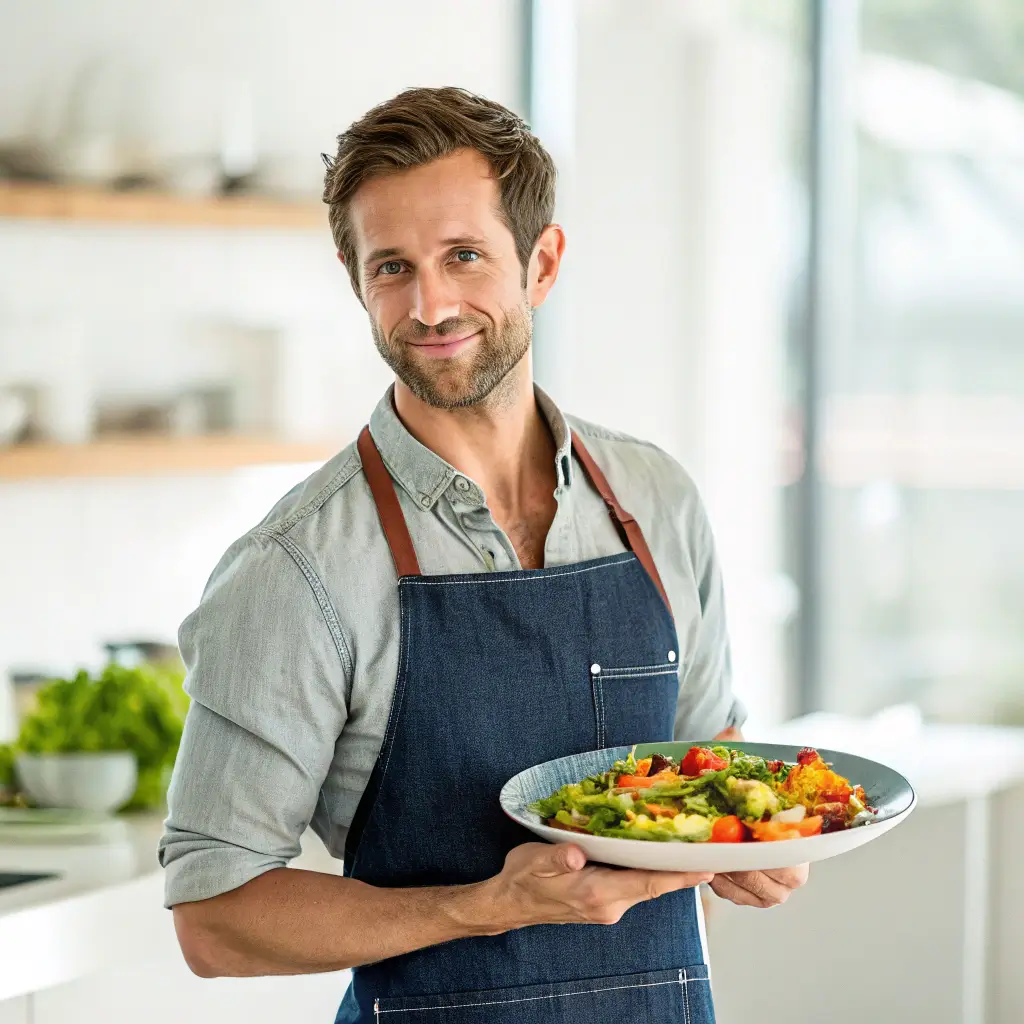 Chef Nate Carter with Signature Dish – Daily Recipes Site Smiling male chef in his 30s holding a colorful plate of food, standing in front of a blurred kitchen background.