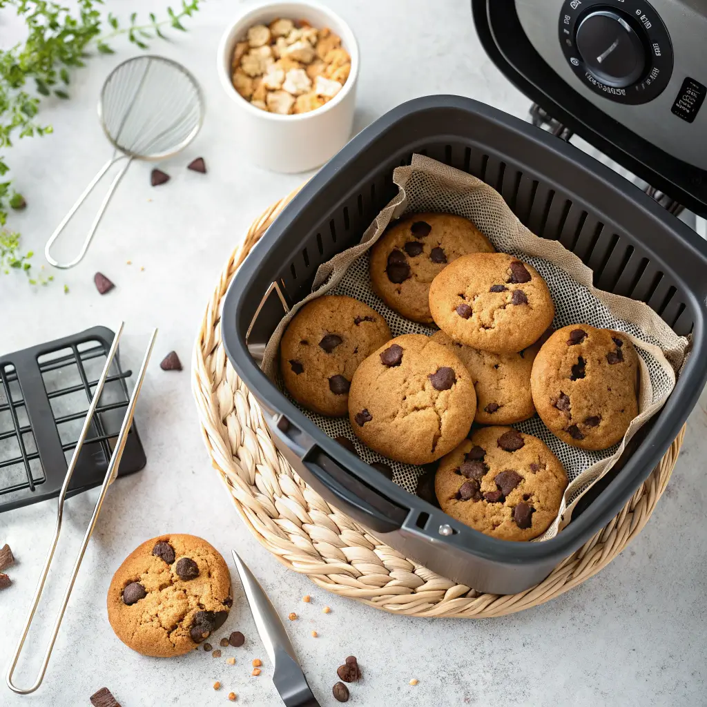 Homemade cookies on a table with coffee and an air fryer in the background.