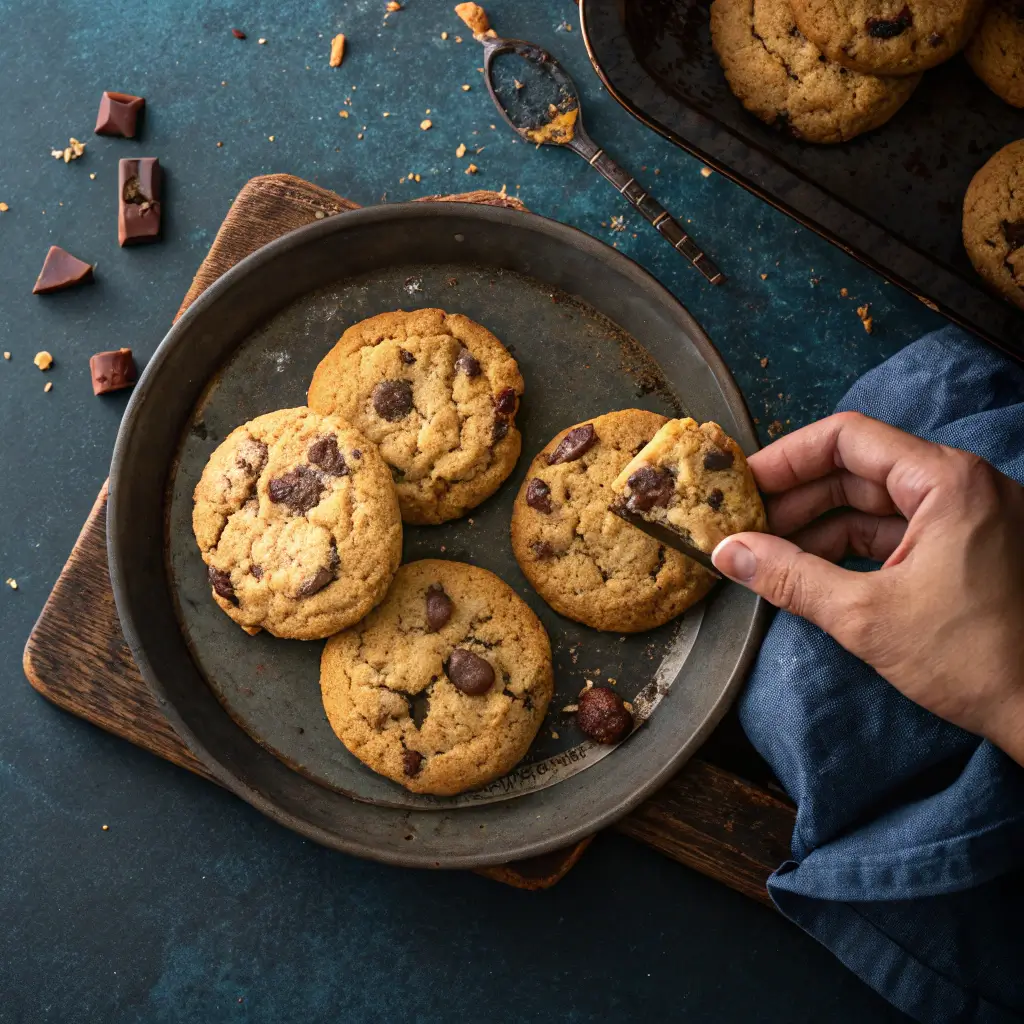 Cookies freshly baked inside an air fryer basket with tongs lifting one.