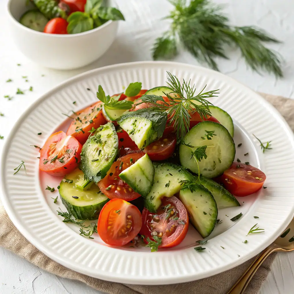 Plated cucumber tomato salad