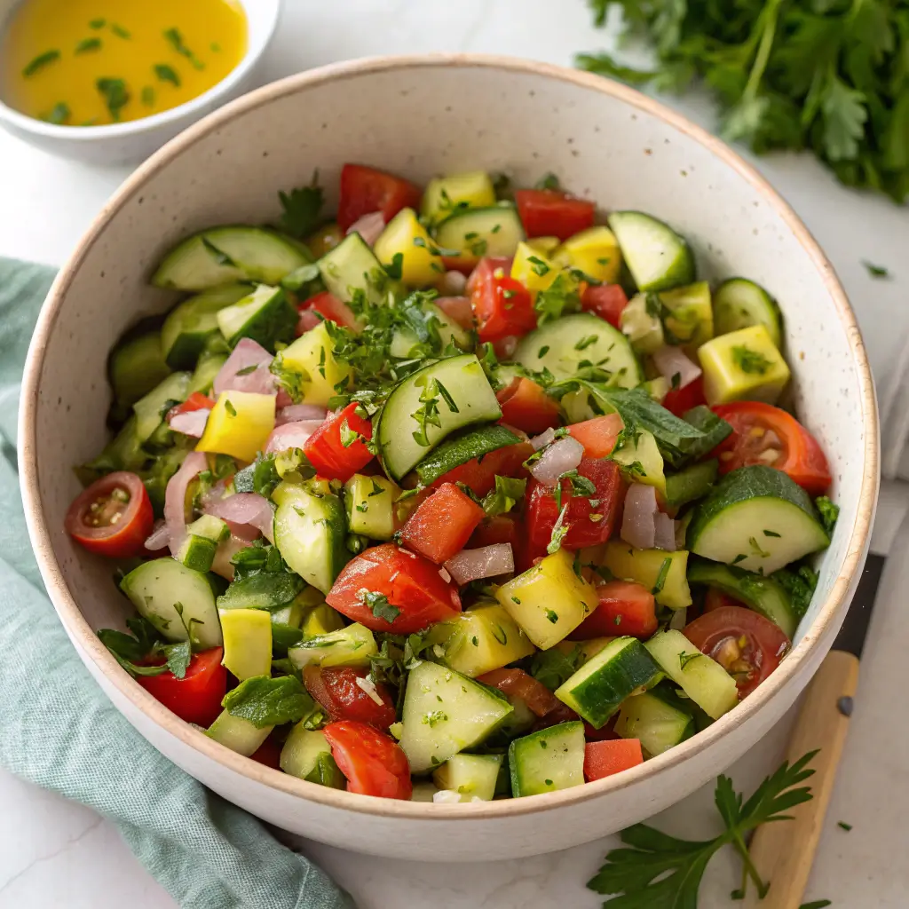 Cucumber tomato salad in a mixing bowl