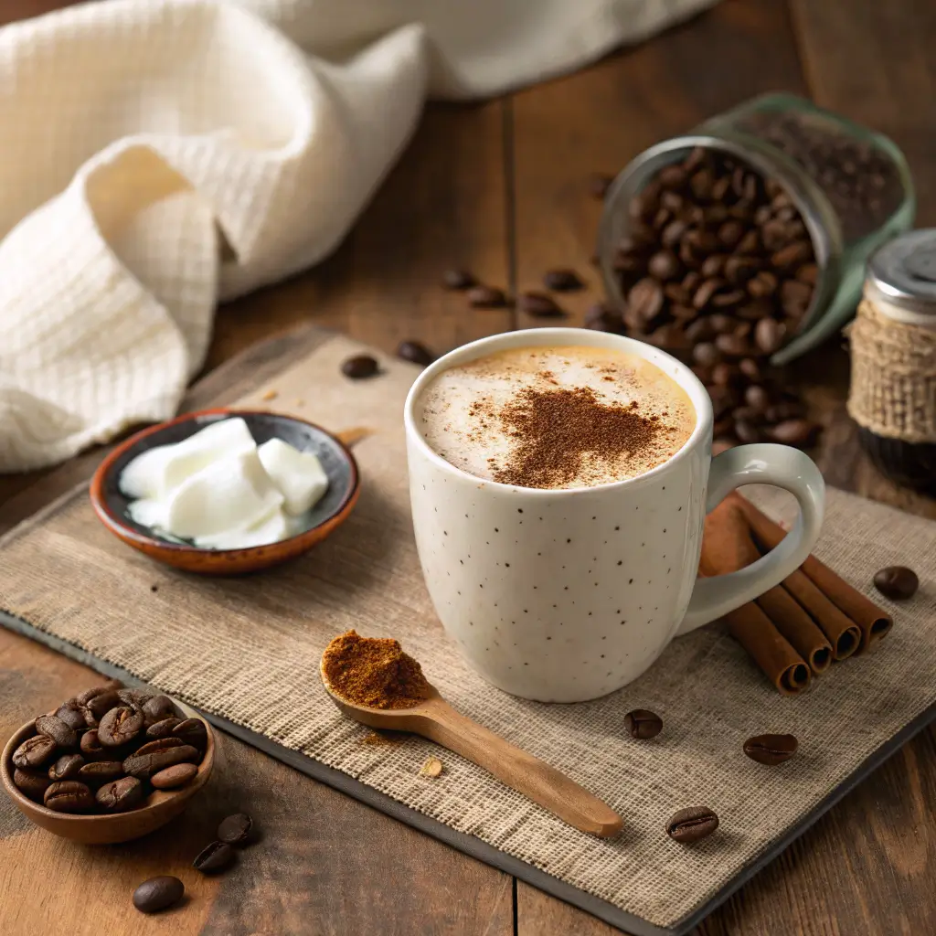 A creamy coffee drink topped with cocoa powder and cinnamon, surrounded by coffee beans and coconut oil.