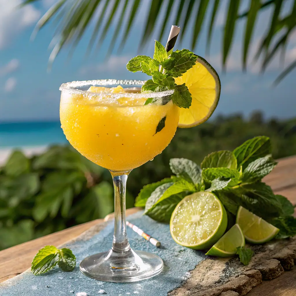 Mango Margarita in a glass with lime and mint garnish