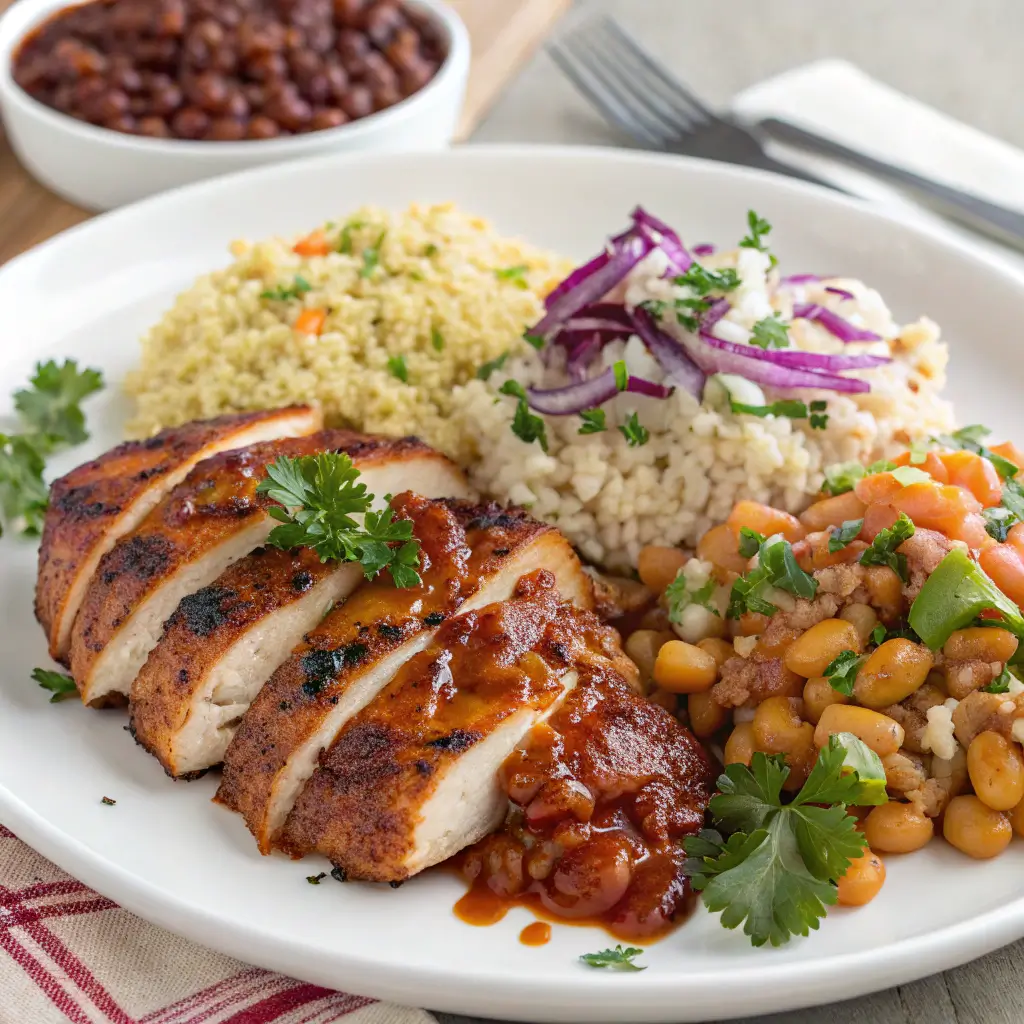 Plated BBQ chicken with side dishes