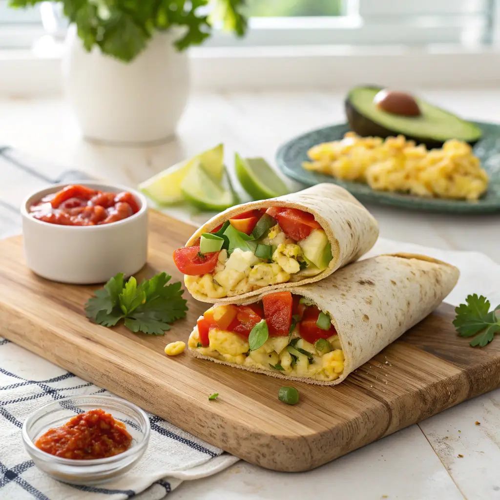 A delicious breakfast burrito filled with eggs, cheese, and vegetables, garnished with cilantro and served with salsa.