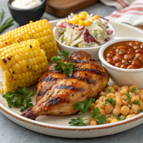 Close-up of chicken BBQ side dishes