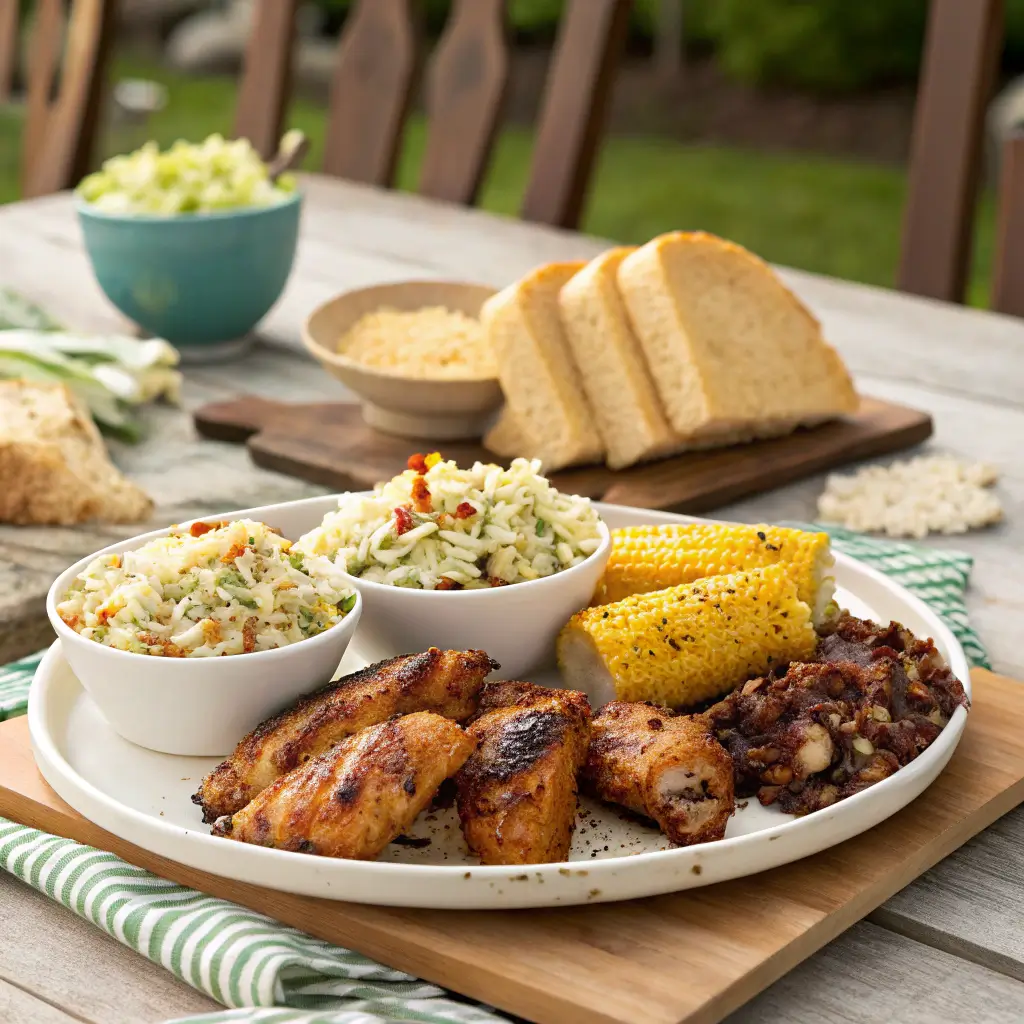 Colorful chicken BBQ side dishes on a platter