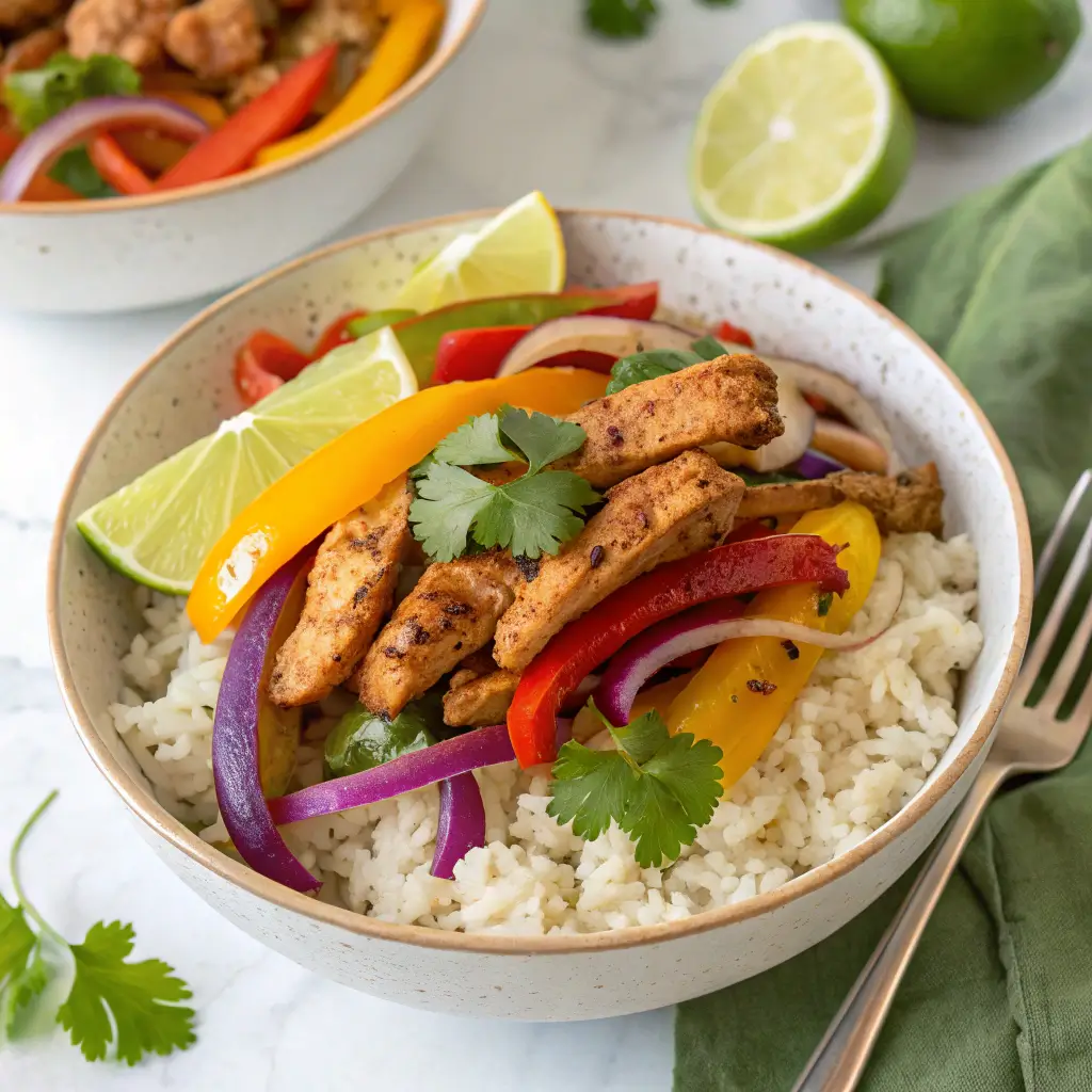 A colorful chicken fajita bowl with marinated chicken, bell peppers, onions, rice, cilantro, and lime.