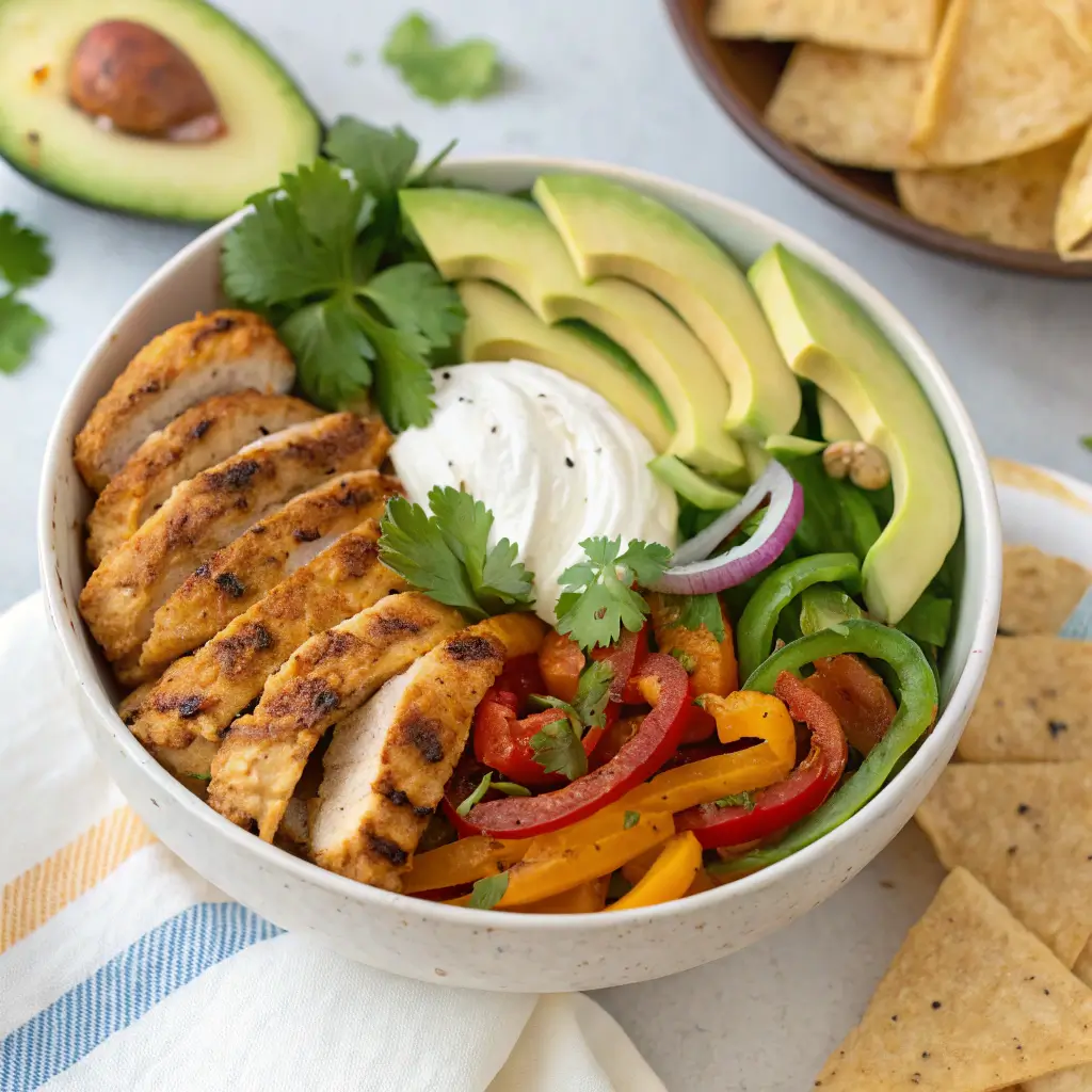 A colorful chicken fajita bowl with grilled chicken, bell peppers, onions, avocado, and cilantro, garnished with a lime wedge.