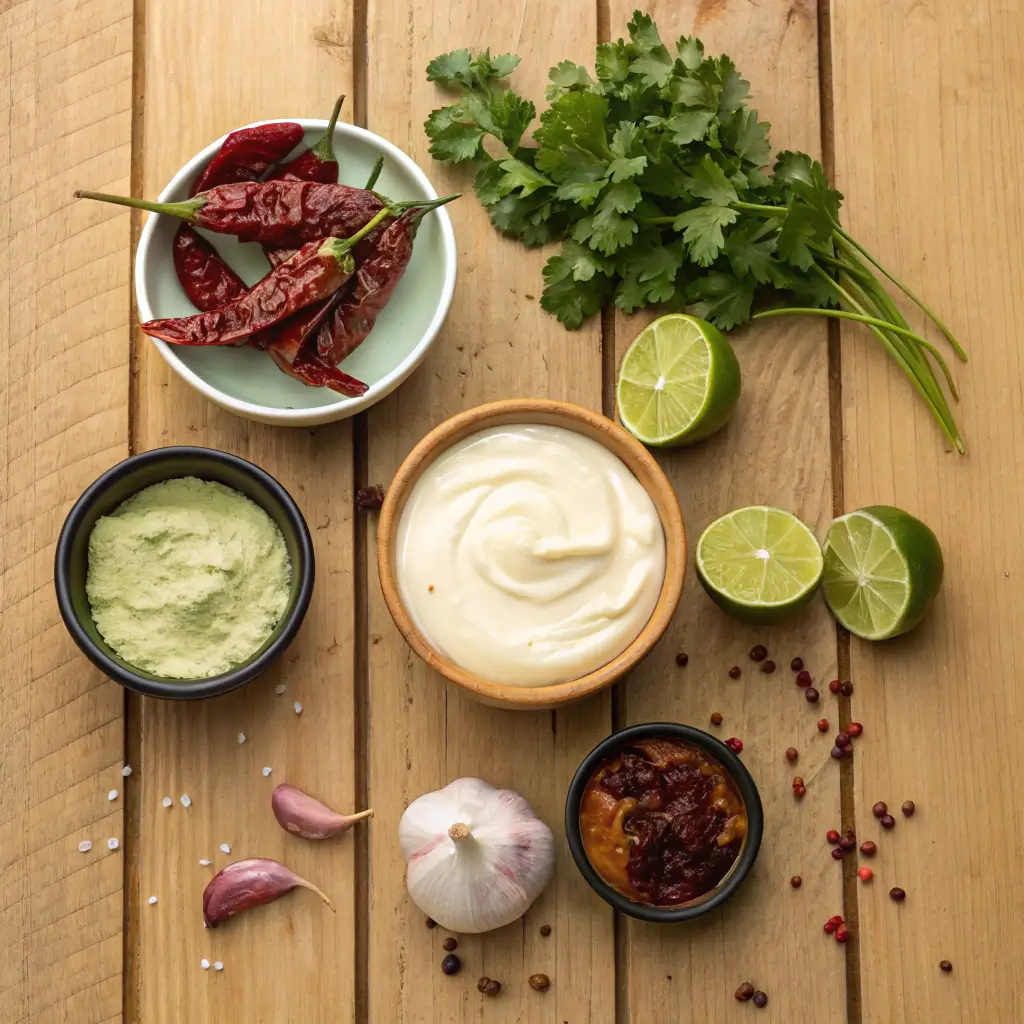 Key ingredients for chipotle crema including chipotle peppers, sour cream, mayonnaise, lime, garlic, and cilantro.