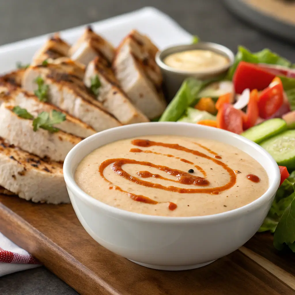 Close-up of creamy chipotle crema drizzled over grilled chicken and vegetables.