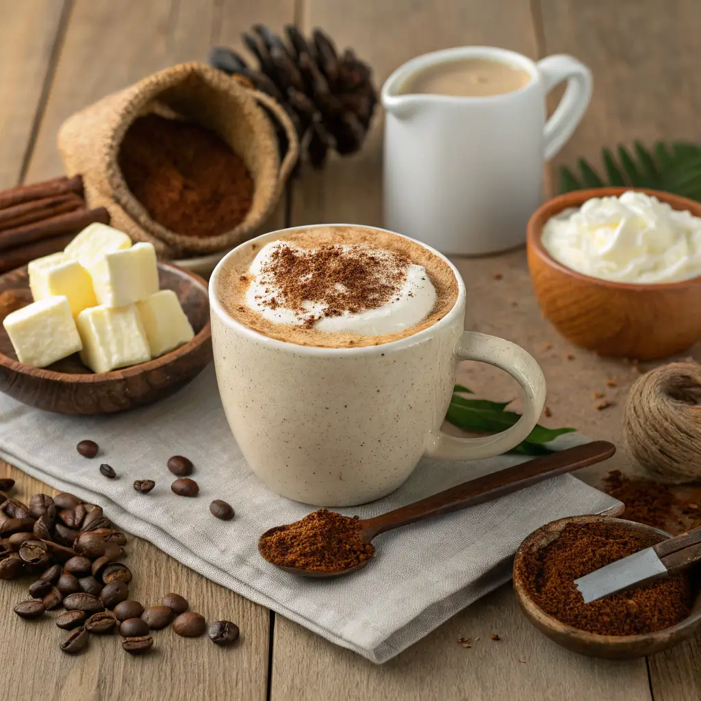 A rich cup of coffee loophole recipe topped with cinnamon and cocoa powder, surrounded by ingredients like coconut oil and butter.