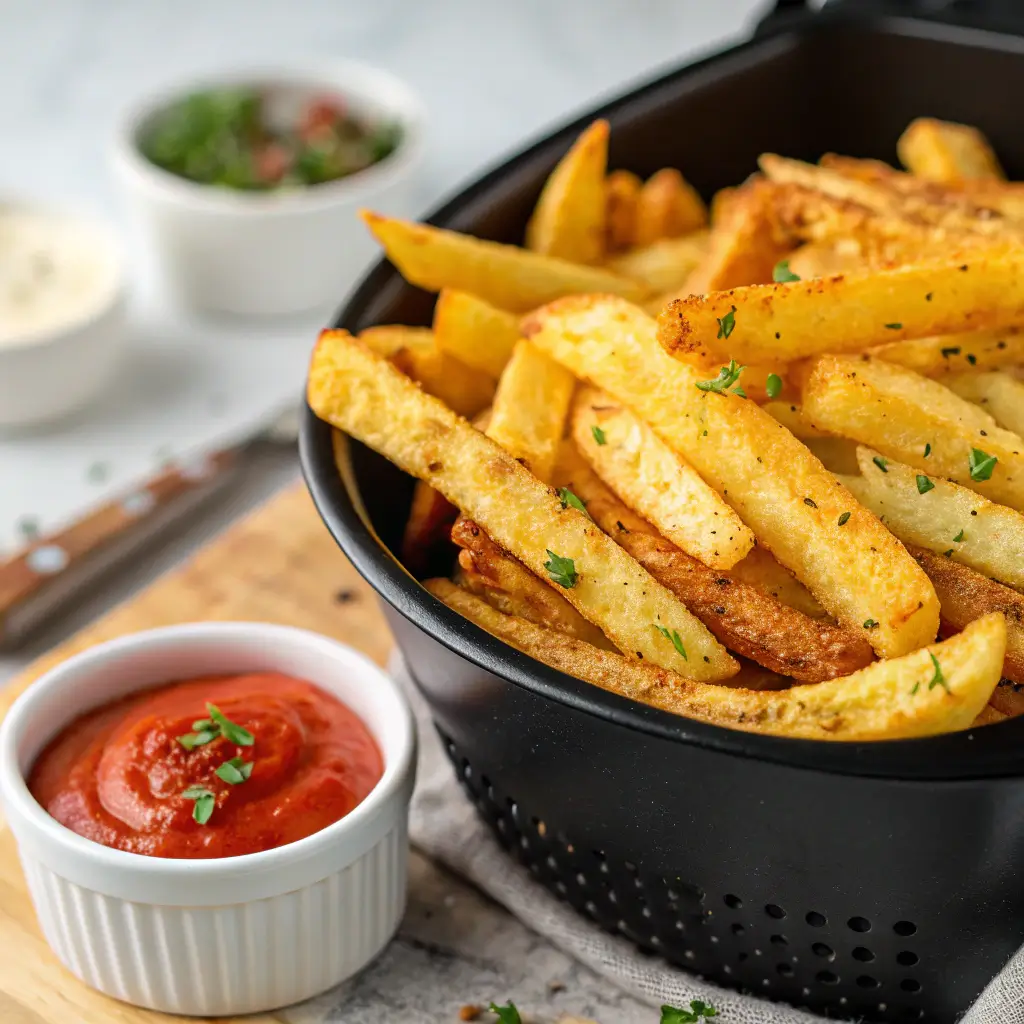 Freshly cooked frozen french fries in air fryer