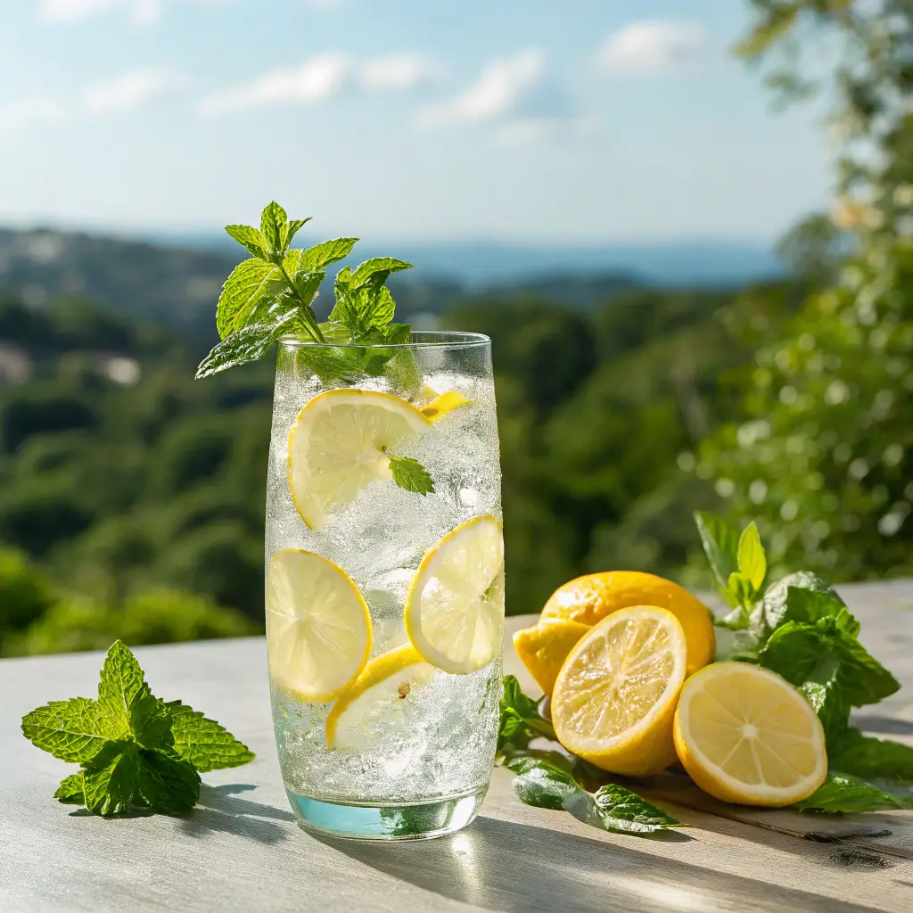 Glass of ice water with lemon and mint