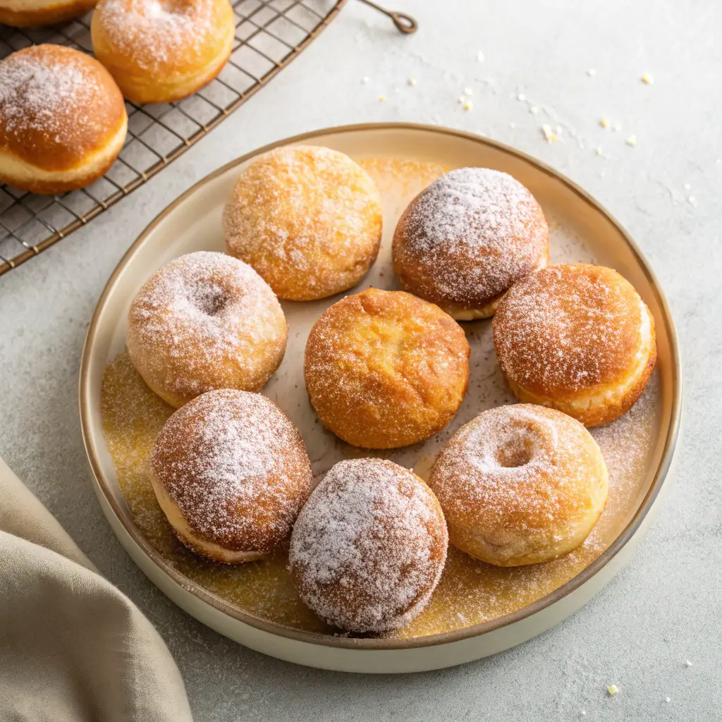 A plate of malasadas dusted with powdered sugar, highlighting their fluffy texture and golden-brown color, set against a tropical backdrop.