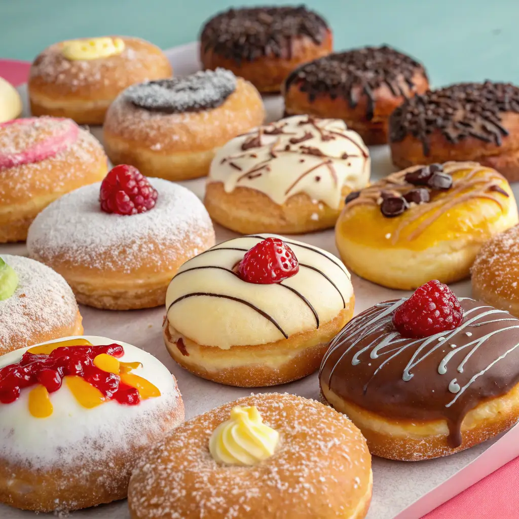 A vibrant display of creative malasada variations, including flavored doughs, fillings, and toppings.