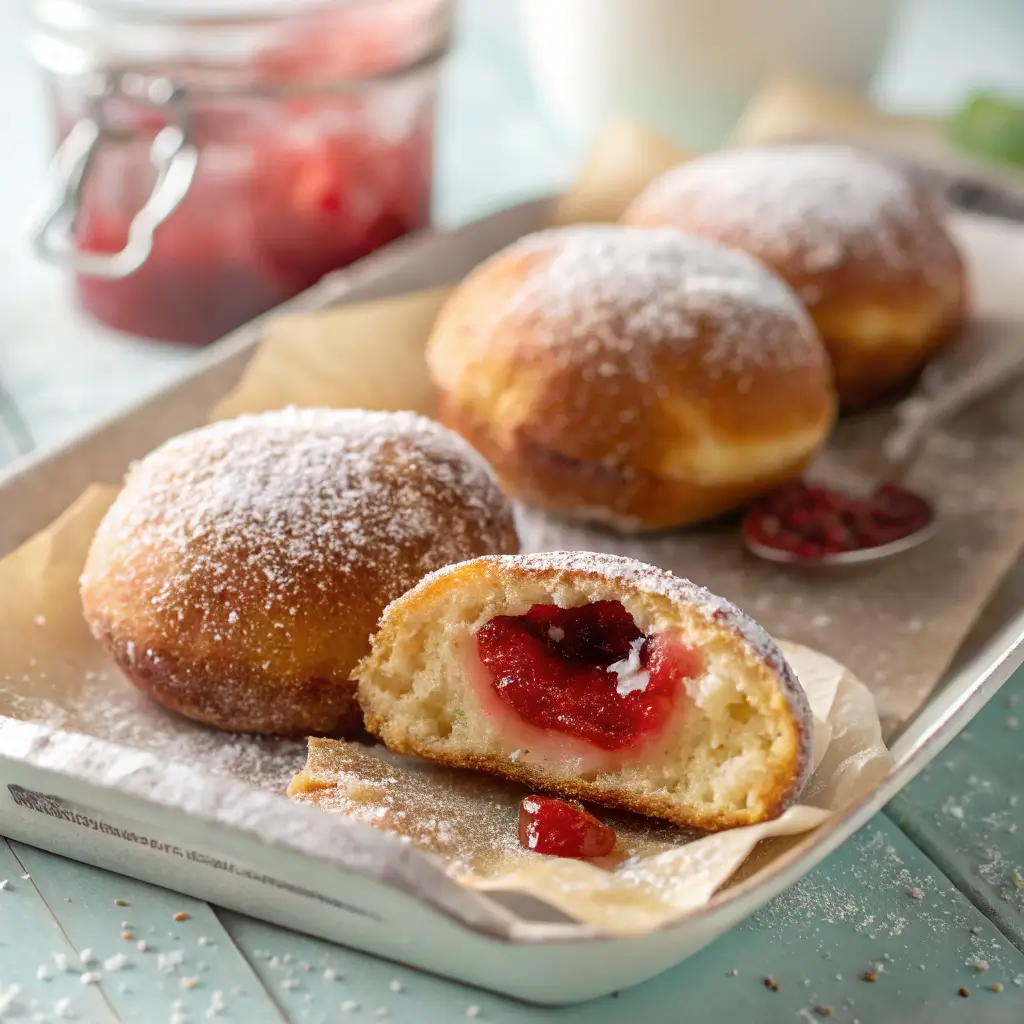 Golden Malasadas filled with vibrant strawberry jam, slightly oozing from the sides, dusted with sugar and placed on parchment paper.