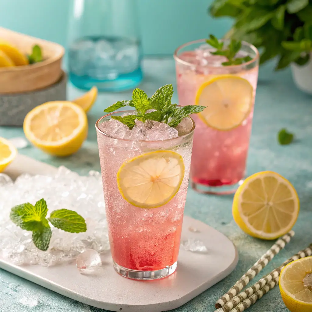 Pink salt drink for weight loss in a glass with lemon and mint.