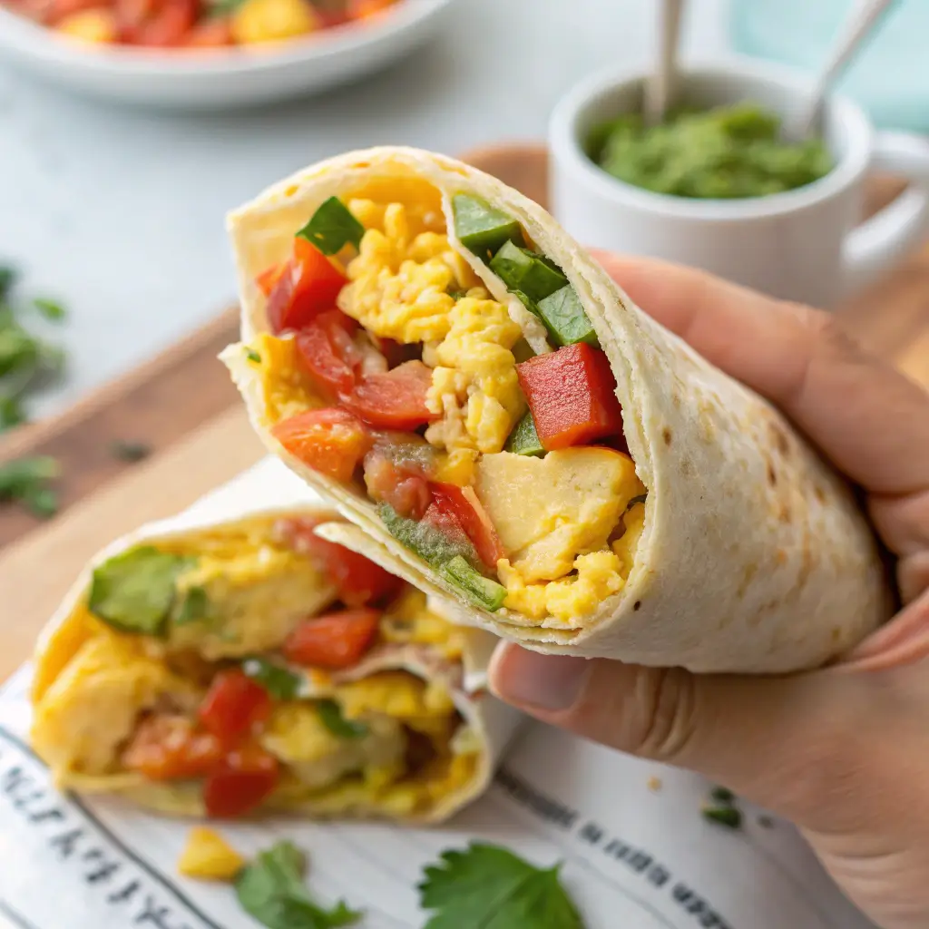 A hand holding a breakfast burrito filled with scrambled eggs, cheese, and fresh vegetables, with a kitchen background.