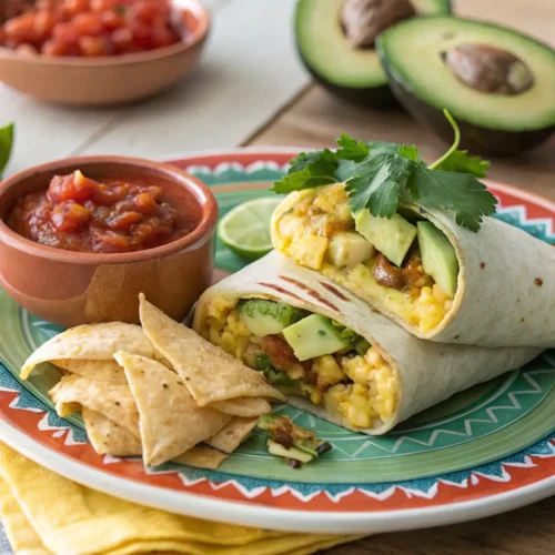 A delicious breakfast burrito filled with scrambled eggs, cheese, and colorful vegetables, garnished with cilantro and avocado, served with salsa and tortilla chips.