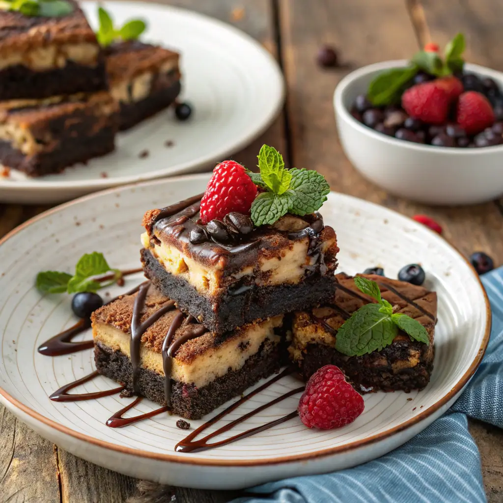 A plate of decadent slutty brownies with layers of cookie dough and chocolate brownie, drizzled with chocolate sauce and garnished with fresh berries and mint.