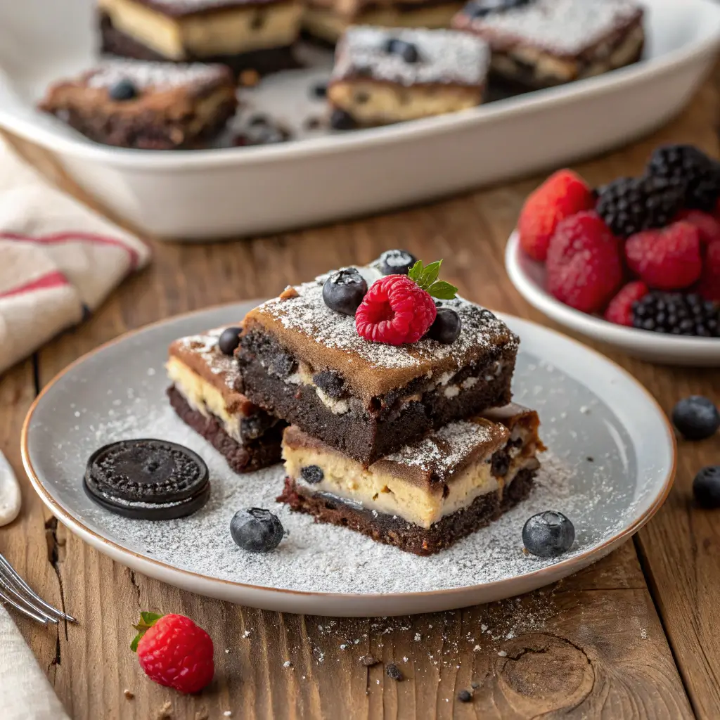 process of making slutty brownies, including mixing, layering, and baked brownies on a cooling rack.