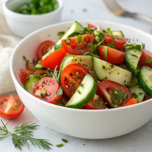 Plated tomato cucumber salad