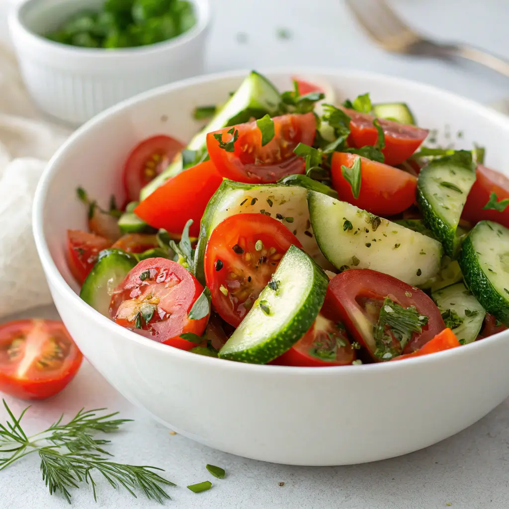 Plated tomato cucumber salad