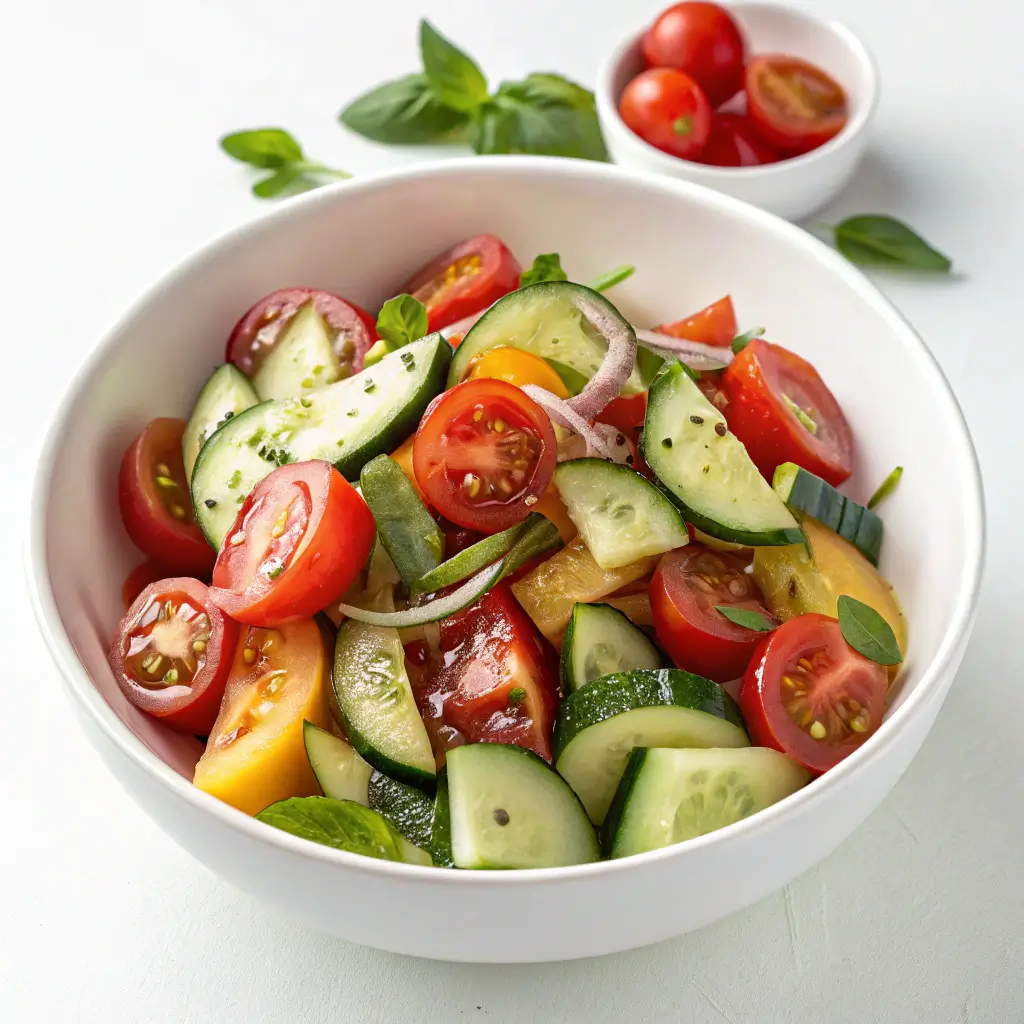 Tomato cucumber salad in a bowl