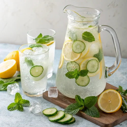 Infused ice water with lemon and cucumber