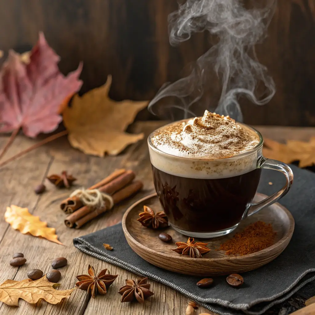 A steaming cup of coffee with natural ingredients.