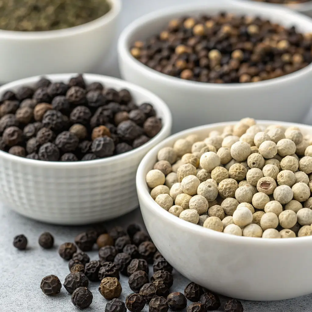 Whole black and white peppercorns in bowls.