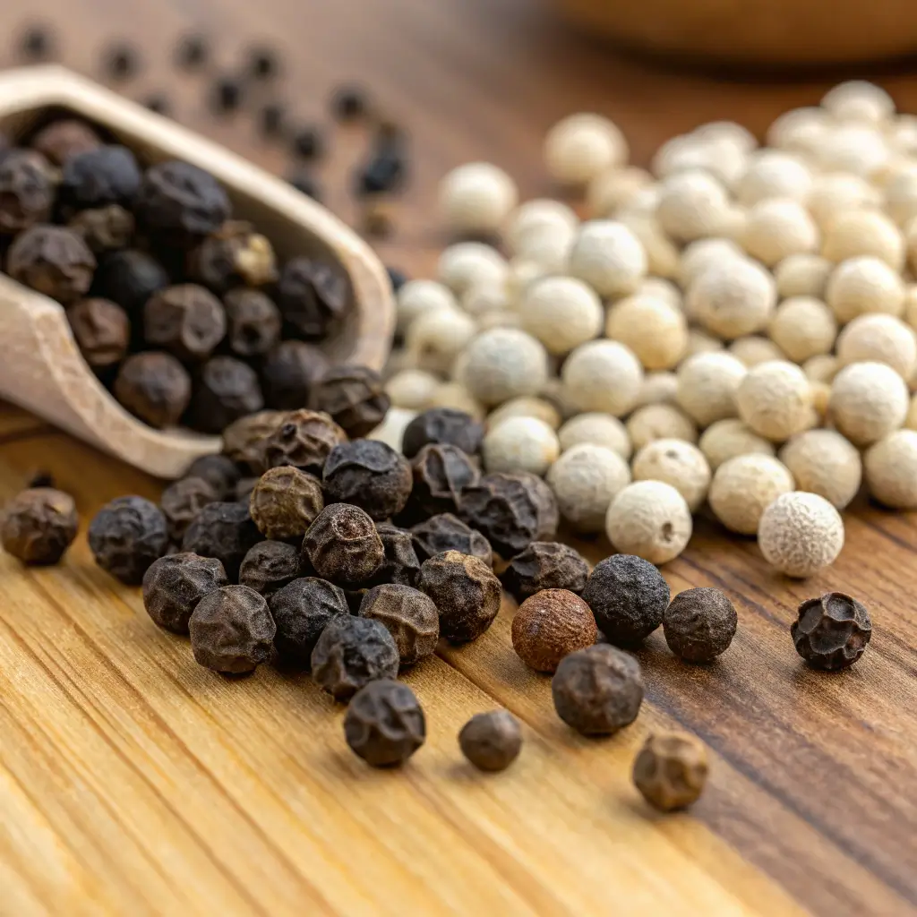 Black and white peppercorns side by side.