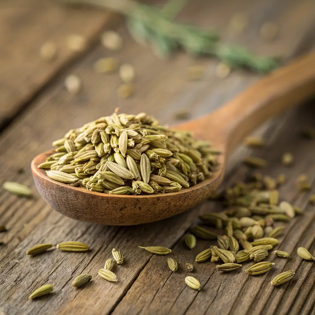Close-up of fennel seeds on a spoon