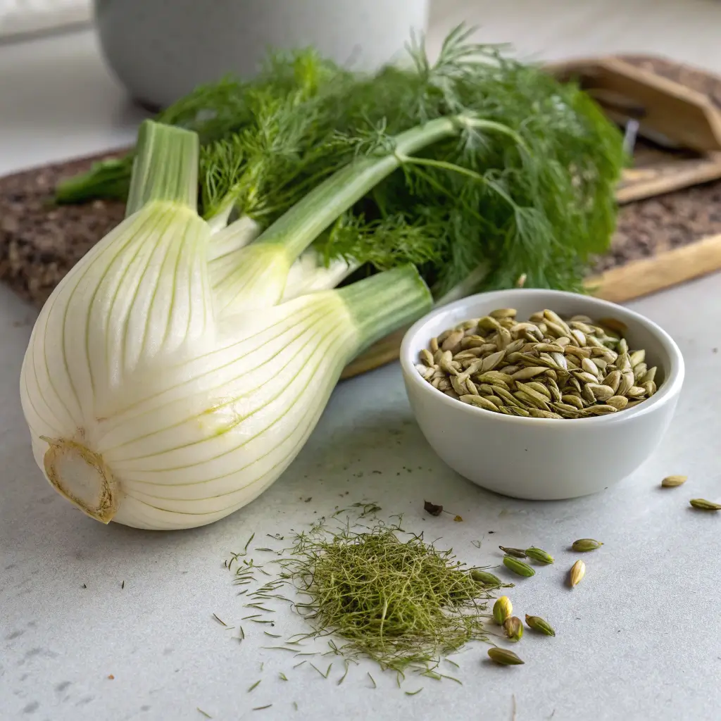 Fresh fennel bulb and fennel seeds