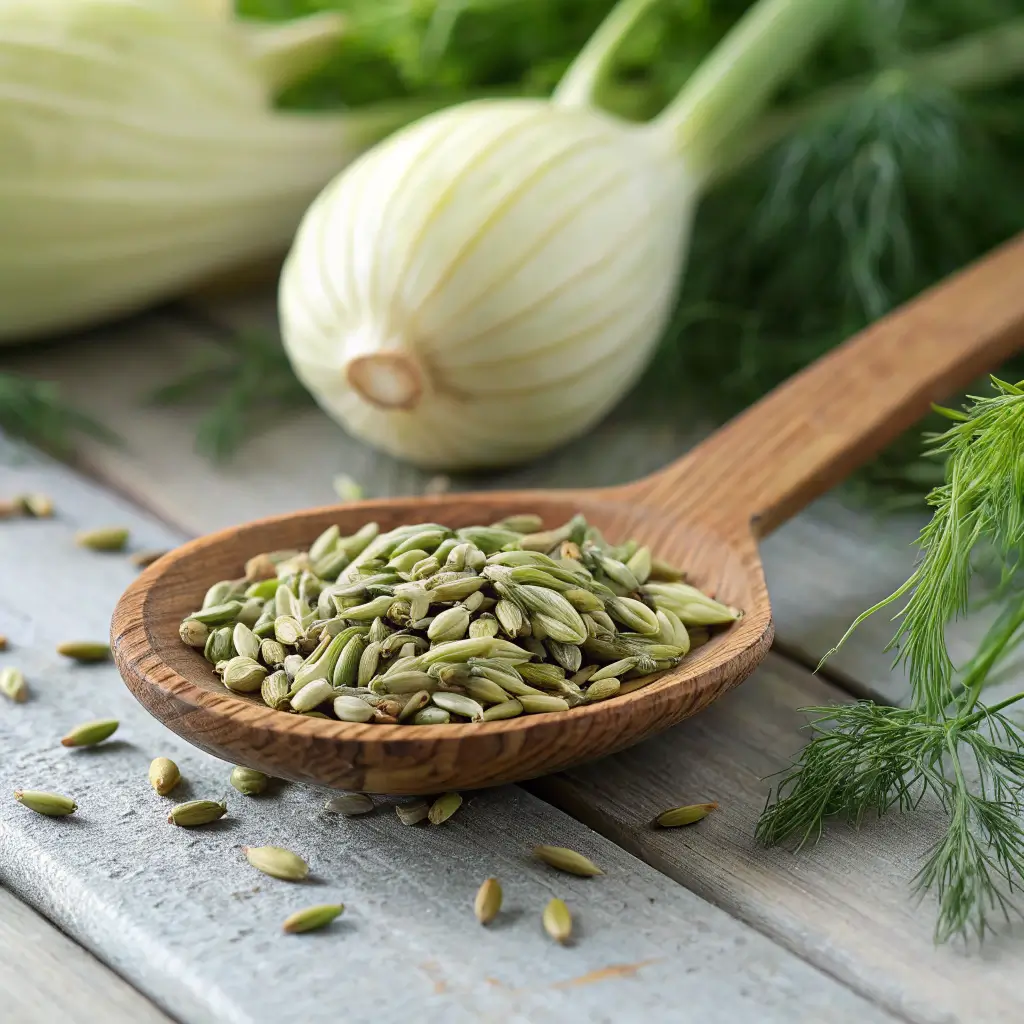 Fennel seeds in a wooden spoon