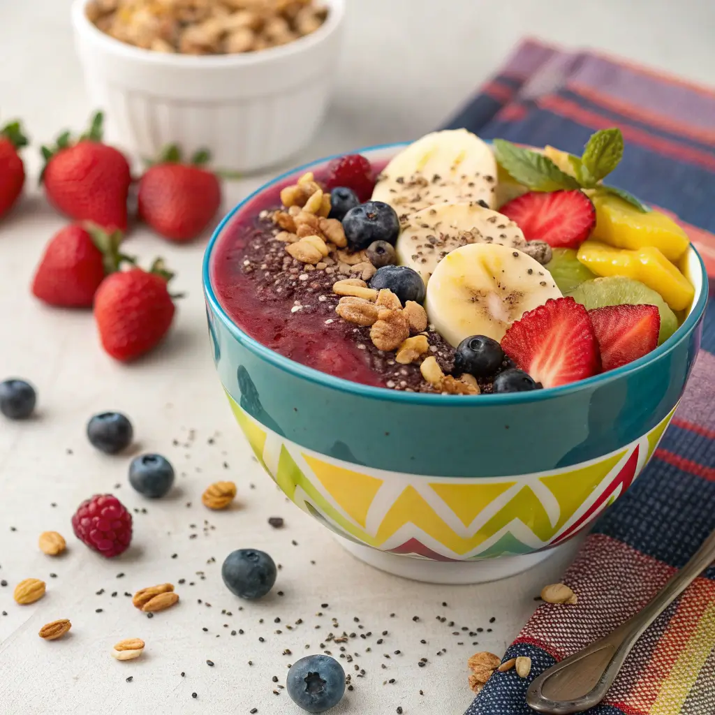 Delicious acai bowl with fresh fruits and toppings