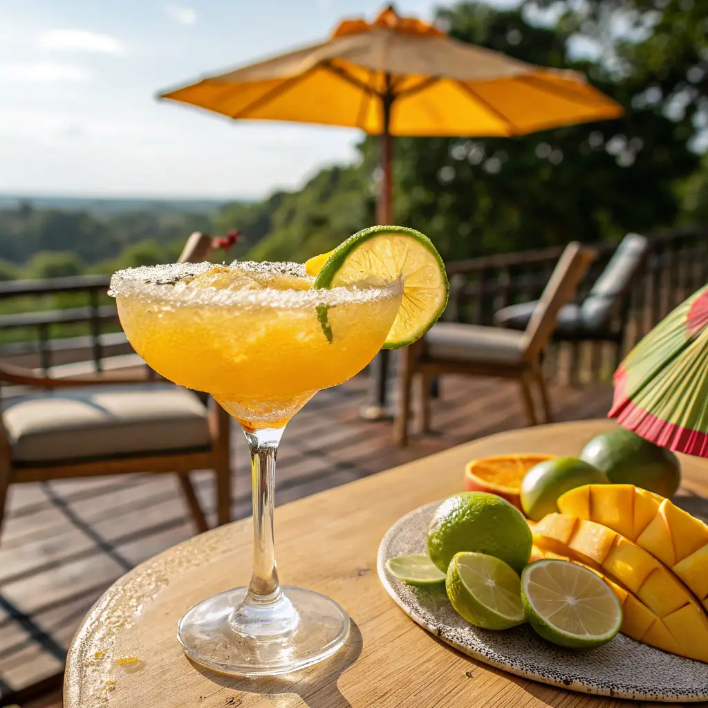 Mango margarita in a glass with lime and mango garnish