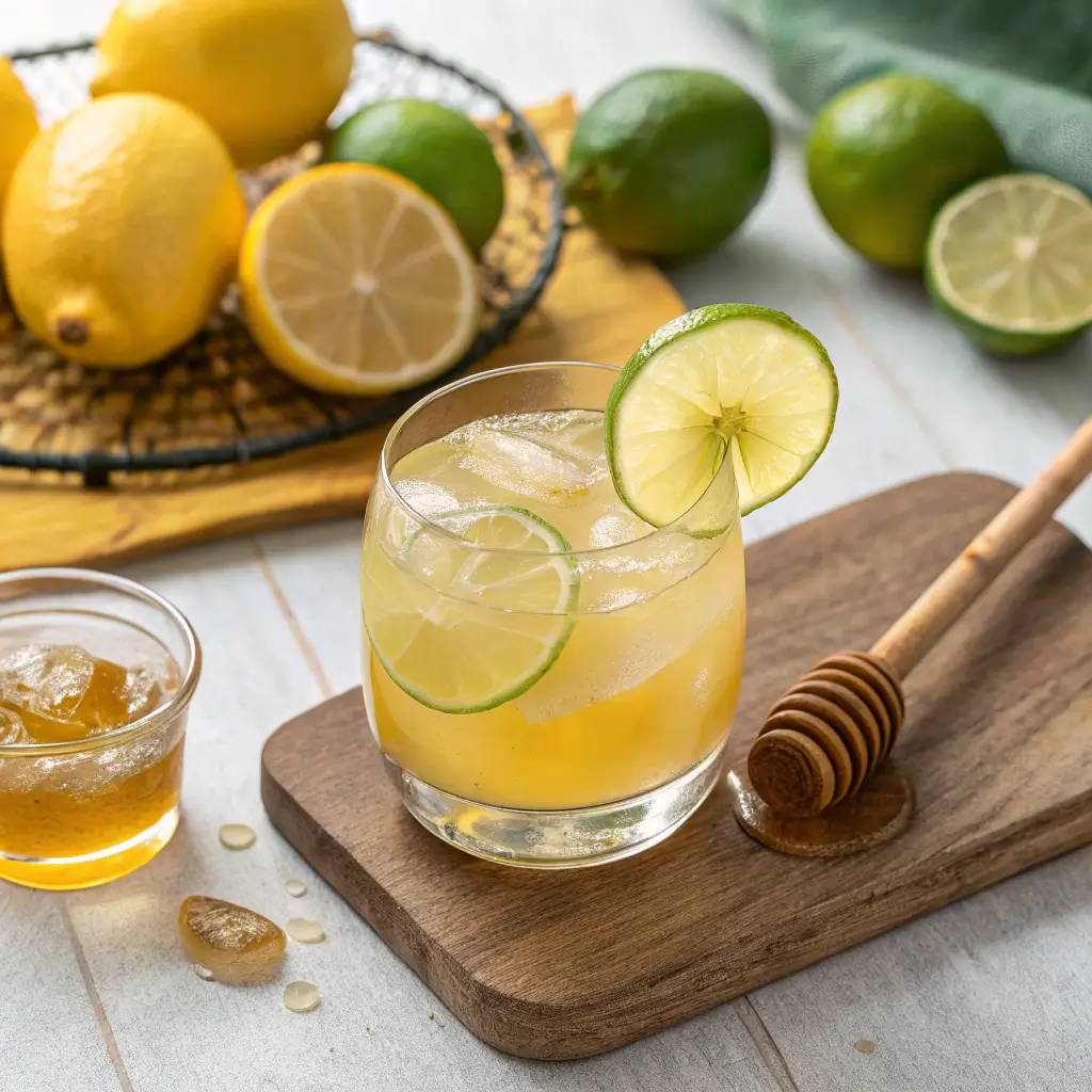 Golden lemon-lime detox drink with honey in a glass, garnished with lime slices.