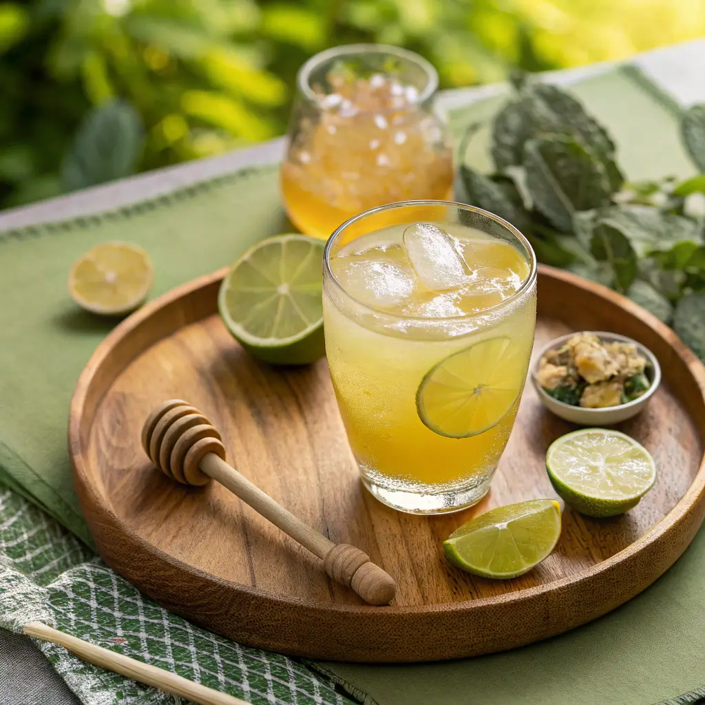 A crystal-clear glass of iced lemon-lime detox drink with a golden honey hue, condensation on the glass, served on a bamboo tray with lemons, honey jar, and herbs in soft daylight.