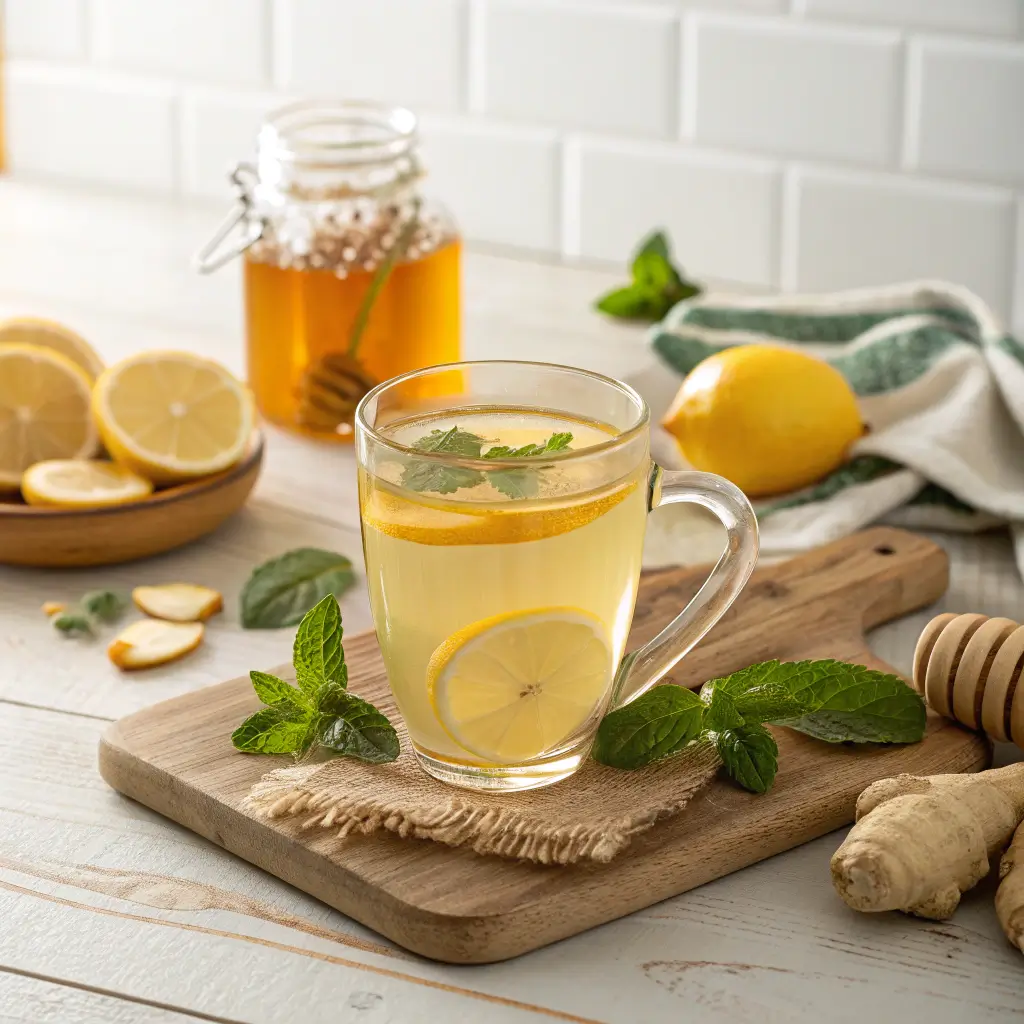 Glass mug of warm lemon ginger detox tea with lemon slices and fresh mint on a wooden table.