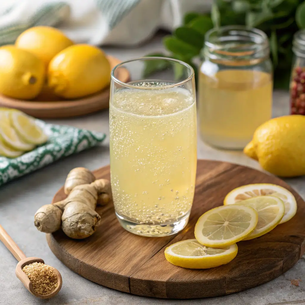 A clear glass of lightly sparkling golden wellness drink with lemon slice, surrounded by fresh lemons, ginger root, raw honey, turmeric, and mint on a rustic wooden board in warm natural light.