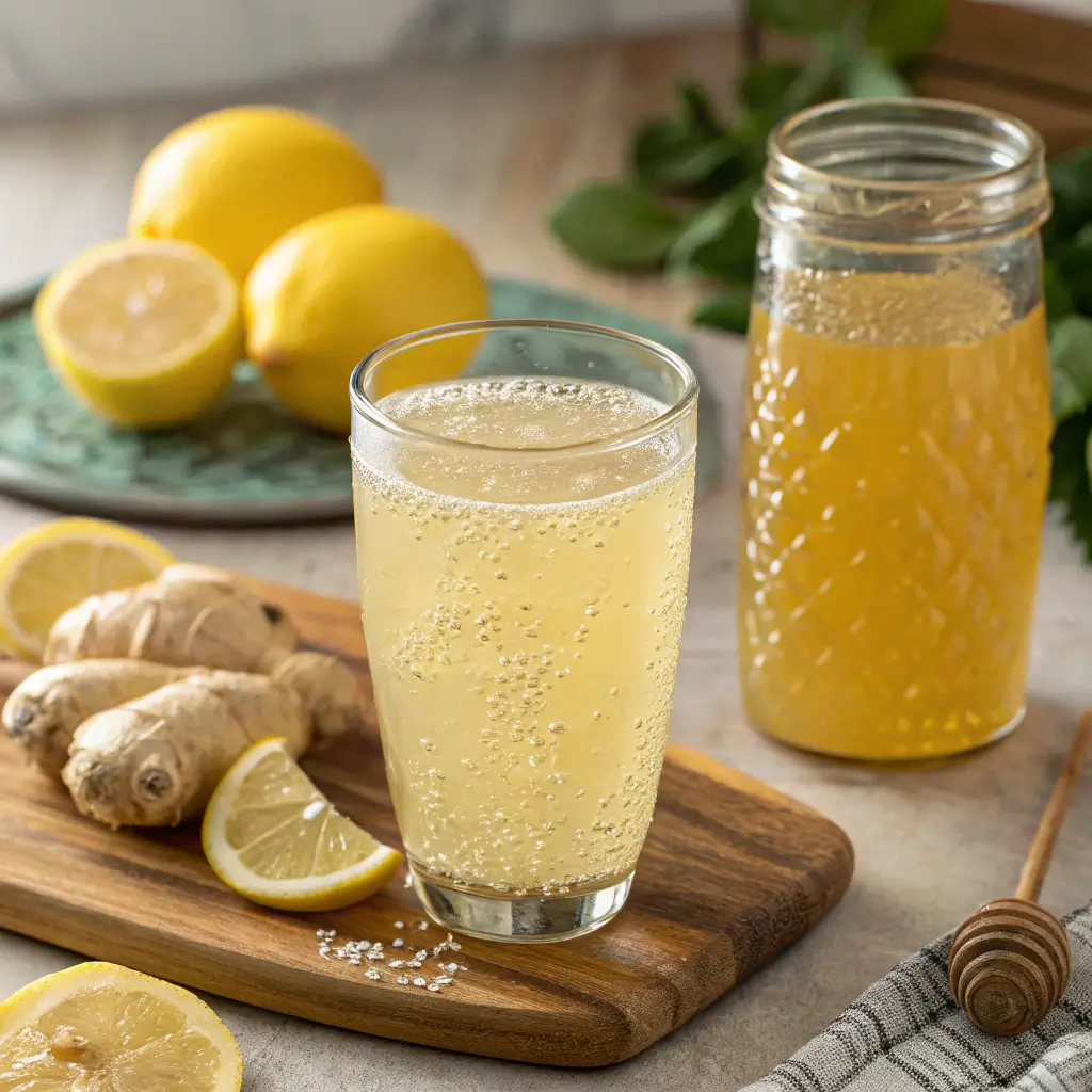 Glass of sparkling golden lemon-ginger wellness drink surrounded by fresh lemons, ginger root, raw honey, and mint leaves on a wooden tray.