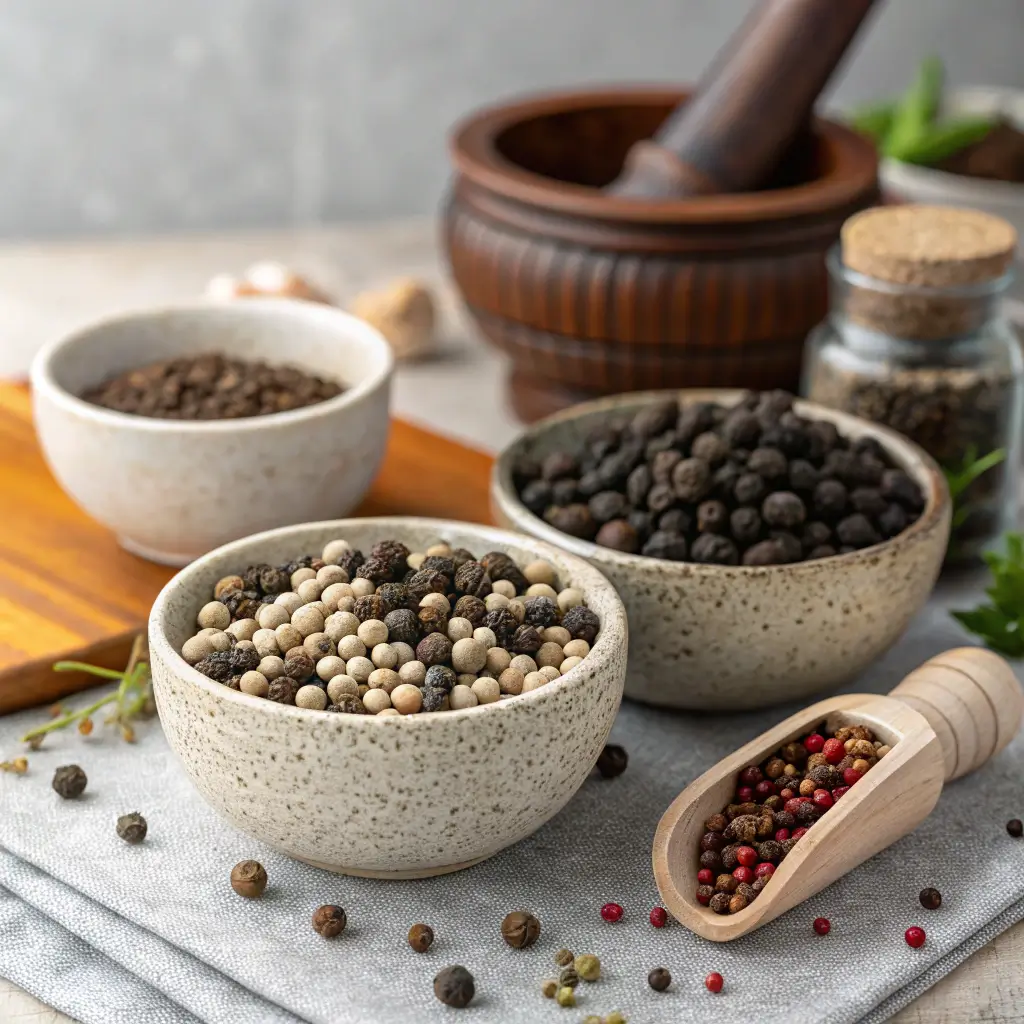 Black and white peppercorns with grinding tools.