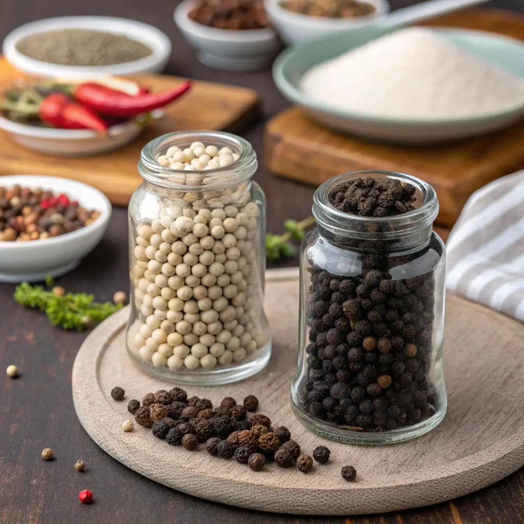 White and black pepper in jars