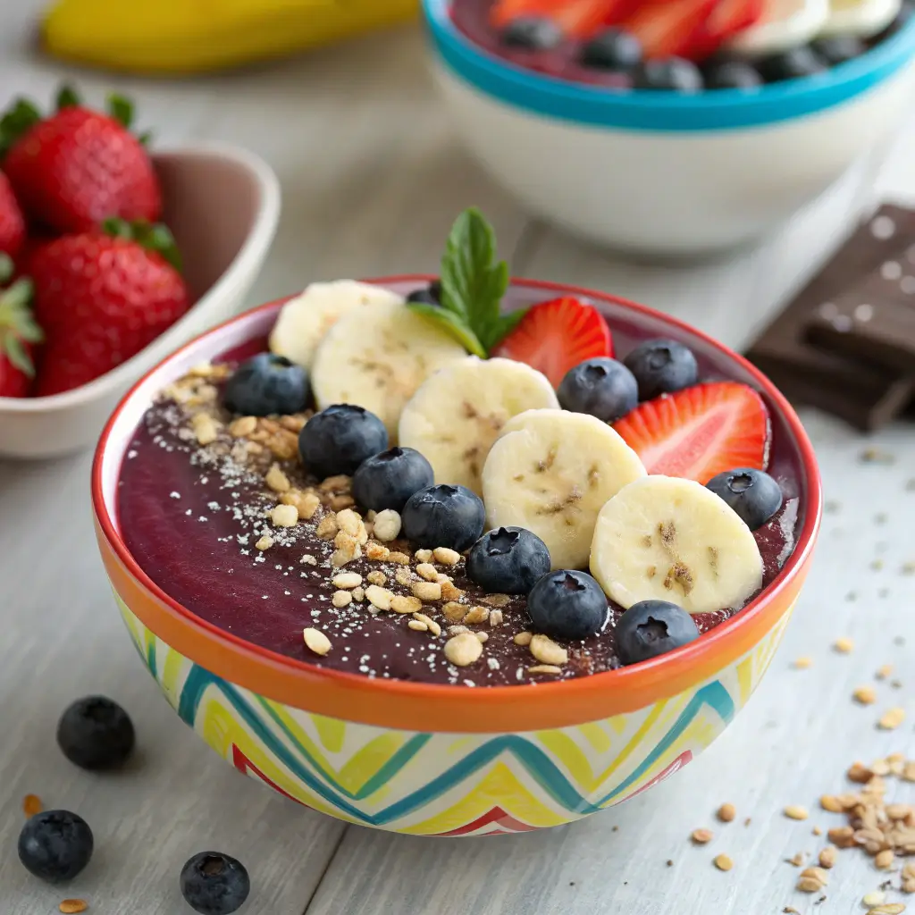 A beautifully styled acai bowl with various toppings.