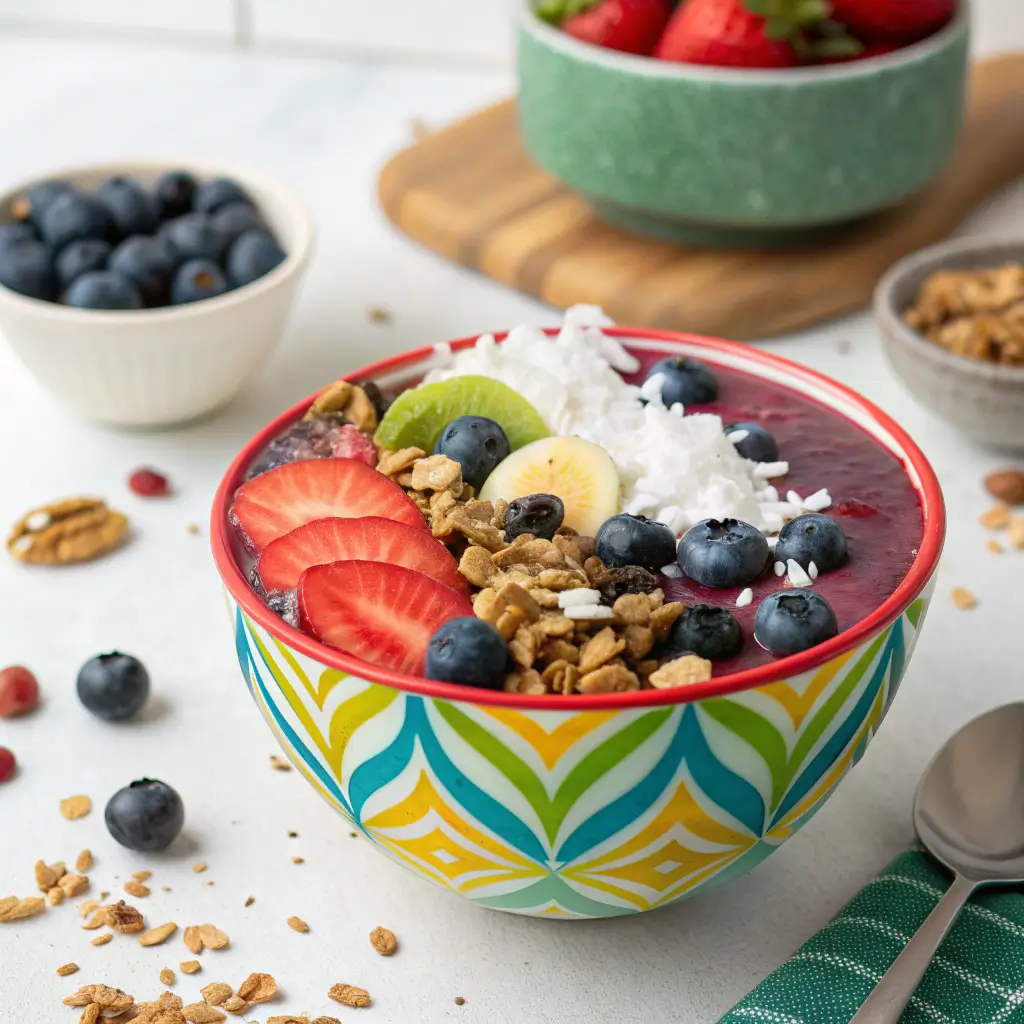 Delicious acai bowl topped with fresh fruits and granola.