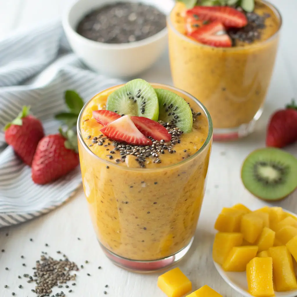 Finished chia seeds in fruit smoothie in a glass.