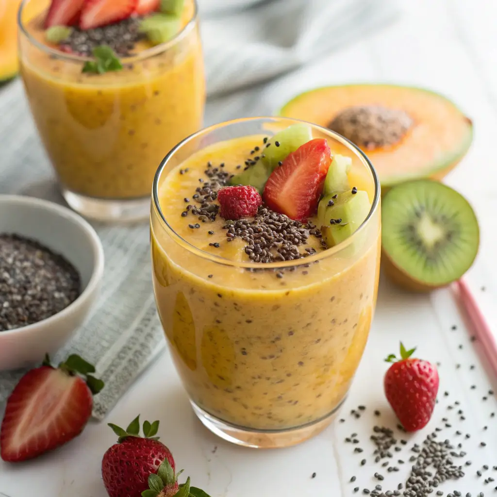 Chia seeds in fruit smoothie being poured into a glass.